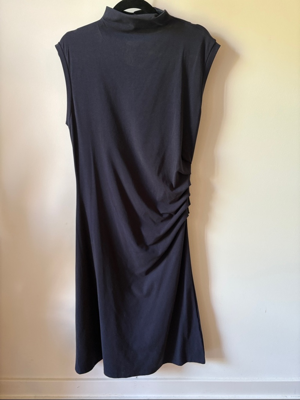 OGL Navy Sleeveless Mock Neck Midi Dress with Side Ruching